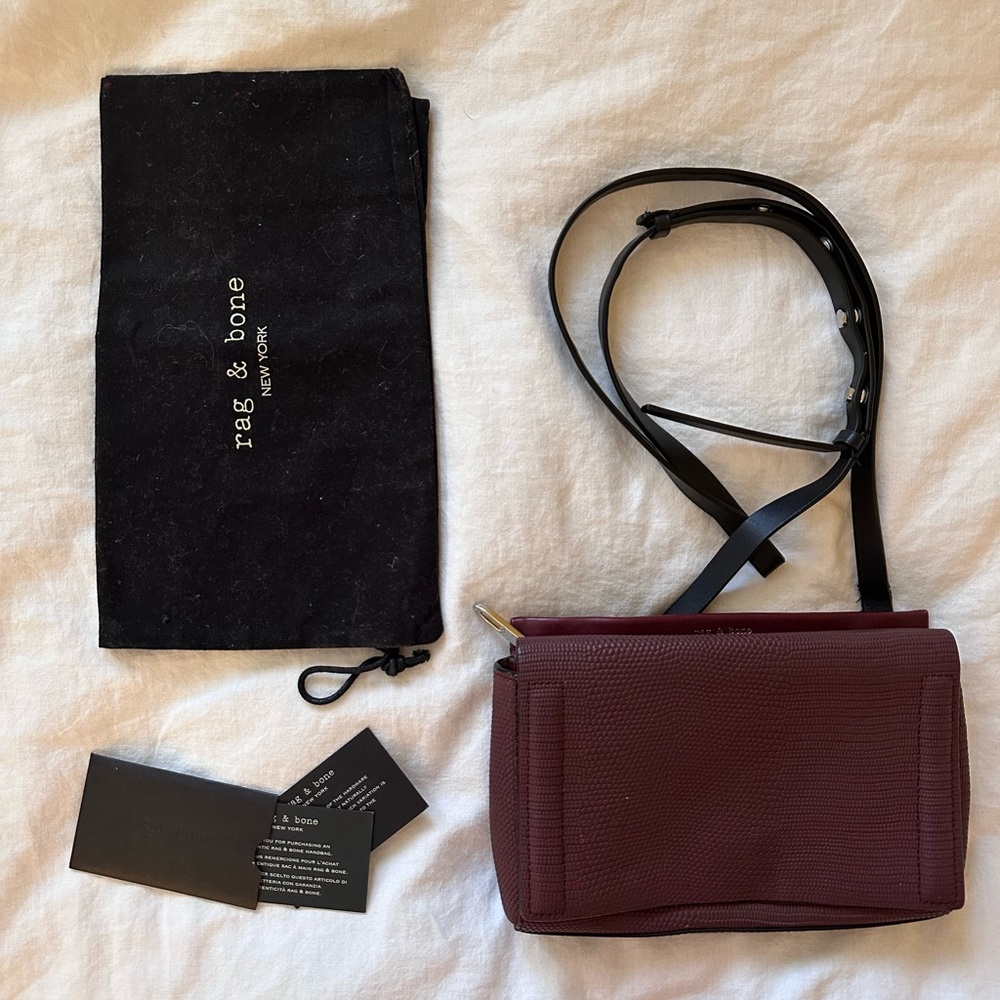 Rag & Bone Burgundy Crossbody Bag with authentication cards and dust bag